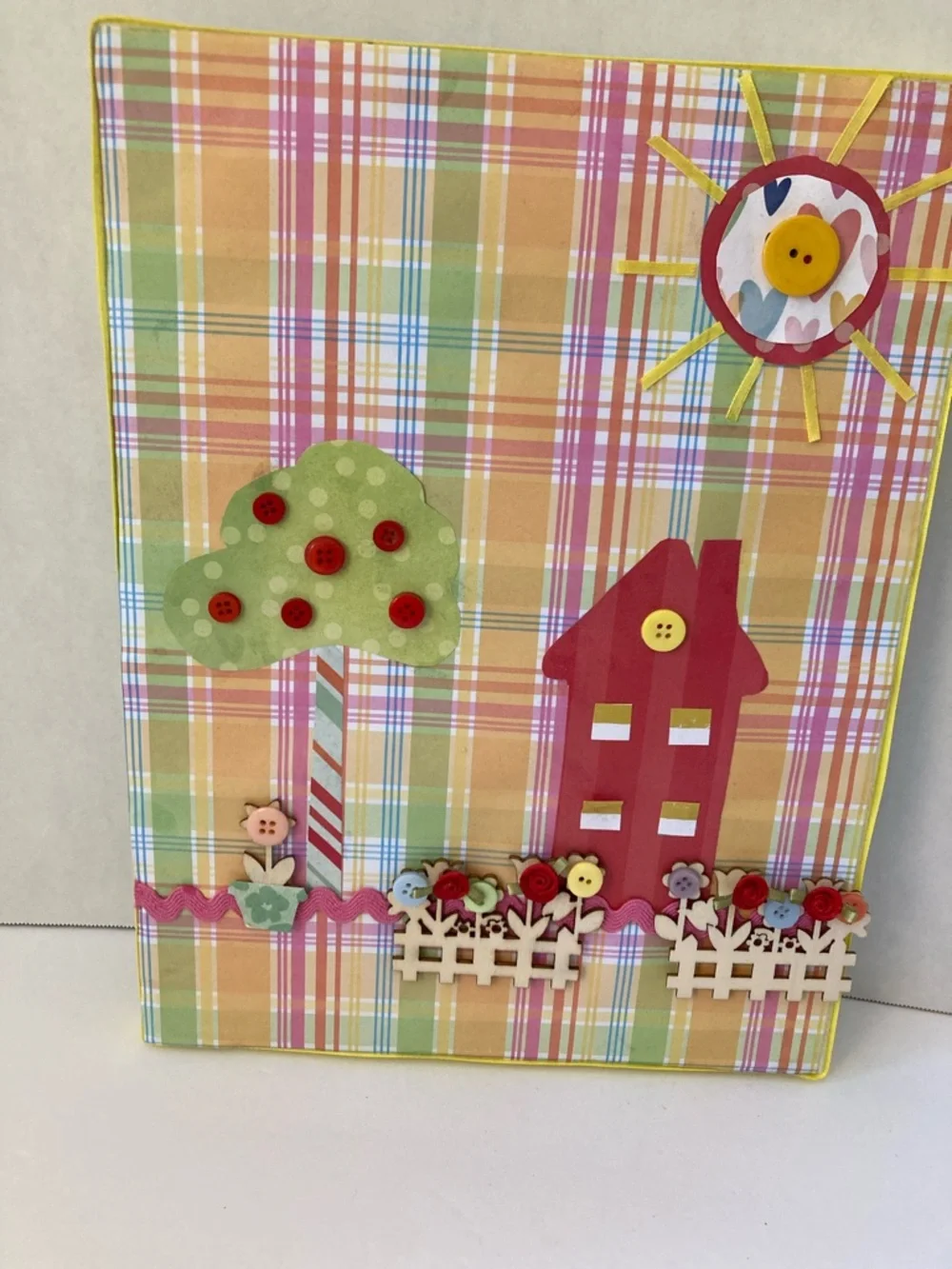 3D Decorative Plaid Wall Art with Buttons Wooden fence and Green Tree